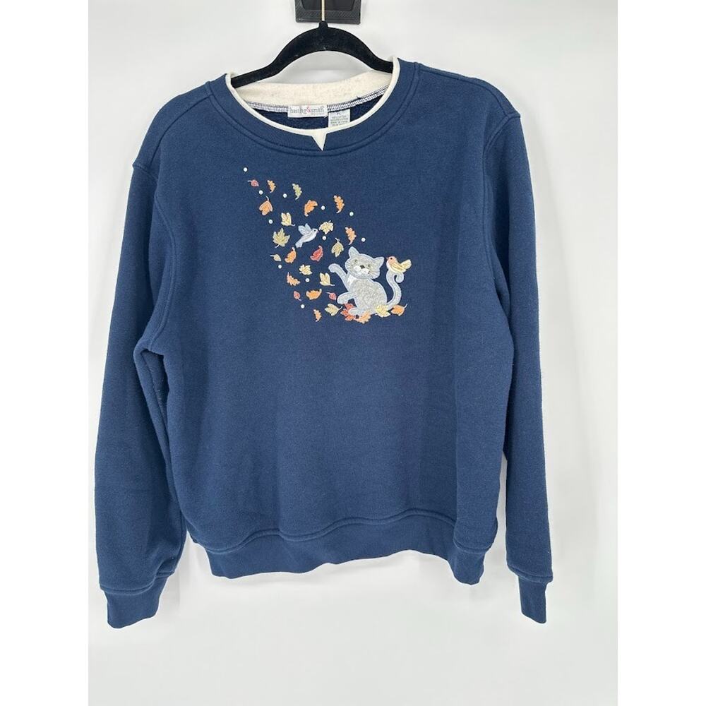Vtg Hasting‎ & Smith Sweatshirt Womens Petite Large Blue Fall Leaves CAT Granny